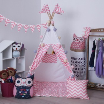 Вигвам Хатка комплект Розовый зигзаг с подушкой