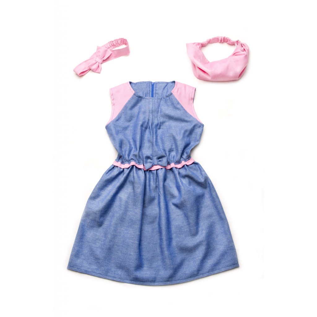 Платье с бантиком летнее для девочки (хлопок деним+розовый) 116 р.