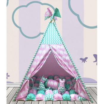 Вигвам Хатка комплект Бонбон Слоны Розовый с мятой с подушками Вигвам Хатка комплект Бонбон Слоны Розовый с мятой с подушками